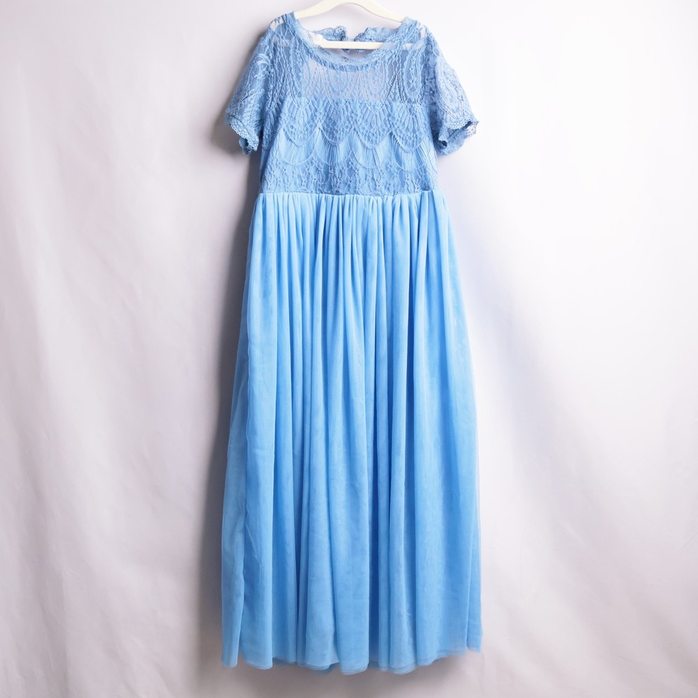 Trish Scully Child Blue Lace Tulle Maxi Dress Girls Size 8 Short Sleeve Formal